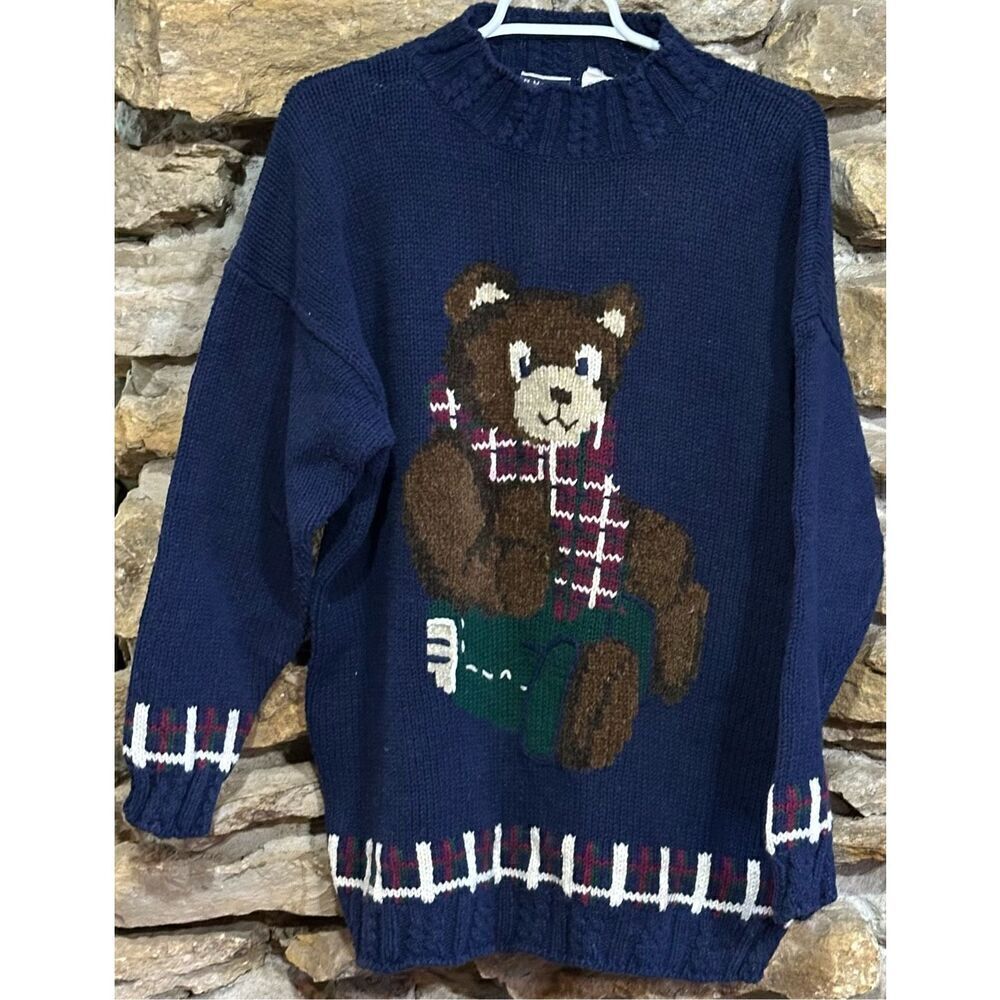 Women's Vintage Thick Knit Teddy Bear Navy Grandma Core Sweater Size Large